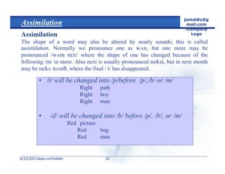 6/22/20136/22/2013wps.cn/mobanwps.cn/moban
jamaldu@g
mail.com
.Company
Logo
3232
Assimilation
Assimilation
The shape of a word may also be altered by nearly sounds; this is called
assimilation. Normally we pronounce one as , but one more may be
pronounced   where the shape of one has changed because of the
following /m/ in more. Also next is usually pronounced  but in next month
may be  , where the final / t/ has disappeared.
• /t/ will be changed into /p/before /p/,/b/ or /m/
Right path
Right boy
Right man
• /d/ will be changed into /b/ before /p/, /b/, or /m/
Red picture
Red bag
Red man
 