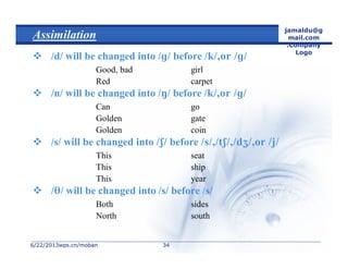 6/22/20136/22/2013wps.cn/mobanwps.cn/moban
jamaldu@g
mail.com
.Company
Logo
3434
Assimilation
 /d/ will be changed into / before /
Good, bad girl
Red carpet
 /n/ will be changed into // before /
Can go
Golden gate
Golden coin
 /s/ will be changed into  before  
This seat
This ship
This year
 // will be changed into /s/ before /s/
Both sides
North south
 