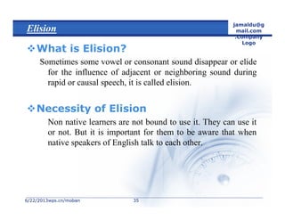 6/22/20136/22/2013wps.cn/mobanwps.cn/moban
jamaldu@g
mail.com
.Company
Logo
3535
Elision
What is Elision?
Sometimes some vowel or consonant sound disappear or elide
for the influence of adjacent or neighboring sound during
rapid or causal speech, it is called elision.
Necessity of Elision
Non native learners are not bound to use it. They can use it
or not. But it is important for them to be aware that when
native speakers of English talk to each other.
 