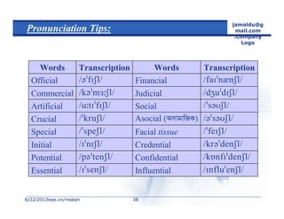 6/22/20136/22/2013wps.cn/mobanwps.cn/moban
jamaldu@g
mail.com
.Company
Logo
3838
Pronunciation Tips:
InfluentialEssential
ConfidentialPotential
CredentialInitial
Facial tissueSpecial
Asocial (AmvgvwRK)Crucial
SocialArtificial
JudicialCommercial
FinancialOfficial
TranscriptionWordsTranscriptionWords
 