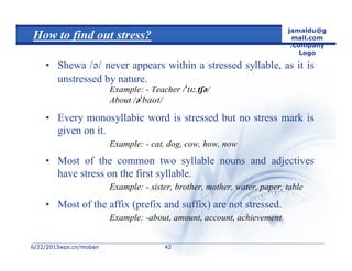 6/22/20136/22/2013wps.cn/mobanwps.cn/moban
jamaldu@g
mail.com
.Company
Logo
4242
How to find out stress?
• Shewa  never appears within a stressed syllable, as it is
unstressed by nature.
Example: - Teacher 
About 
• Every monosyllabic word is stressed but no stress mark is
given on it.
Example: - cat, dog, cow, how, now
• Most of the common two syllable nouns and adjectives
have stress on the first syllable.
Example: - sister, brother, mother, water, paper, table
• Most of the affix (prefix and suffix) are not stressed.
Example: -about, amount, account, achievement
 