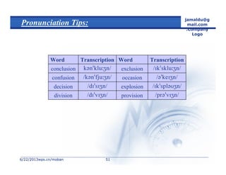 6/22/20136/22/2013wps.cn/mobanwps.cn/moban
jamaldu@g
mail.com
.Company
Logo
5151
Pronunciation Tips:
provisiondivision
explosiondecision
occasionconfusion
exclusionconclusion
TranscriptionWordTranscriptionWord
 