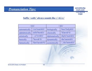 6/22/20136/22/2013wps.cn/mobanwps.cn/moban
jamaldu@g
mail.com
.Company
Logo
5555
Pronunciation Tips:
Suffix ‘-cally’ always sounds like 
economicallyfantastically
dynamicallybasically
diplomaticallyartistically
classicallyalphabetically
biologicallyautomatically

 