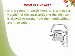 What is a vowel?
• It is a sound in which there is a continuous
vibration of the vocal cords and the airstream
is allowed to escape from the mouth without
any interruption.

 