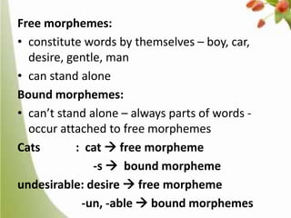 Free morphemes:
• constitute words by themselves – boy, car,
desire, gentle, man
• can stand alone
Bound morphemes:
• can’t stand alone – always parts of words occur attached to free morphemes
Cats
: cat  free morpheme
-s  bound morpheme
undesirable: desire  free morpheme
-un, -able  bound morphemes

 