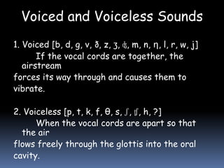 Voiced and Voiceless Sounds
1. Voiced [b, d, g, v, ð, z, ʒ, ʤ, m, n, ƞ, l, r, w, j]
If the vocal cords are together, the
airstream
forces its way through and causes them to
vibrate.
2. Voiceless [p, t, k, f, θ, s, ʃ, ʧ, h, ?]
When the vocal cords are apart so that
the air
flows freely through the glottis into the oral
cavity.
 