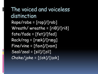 The voiced and voiceless
distinction
Rope/robe = [rop]/[rob]
Wreath/ wreathe = [riθ]/[rið]
fate/fade = [fet]/[fed]
Rack/rag = [ræk]/[ræg]
Fine/vine = [faın]/[vaın]
Seal/zeal = [sil]/[zil]
Choke/joke = [ʧok]/[ʤok]
 