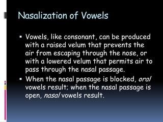 Nasalization of Vowels
 Vowels, like consonant, can be produced
with a raised velum that prevents the
air from escaping through the nose, or
with a lowered velum that permits air to
pass through the nasal passage.
 When the nasal passage is blocked, oral
vowels result; when the nasal passage is
open, nasal vowels result.
 