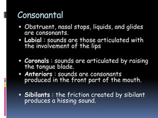Consonantal
 Obstruent, nasal stops, liquids, and glides
are consonants.
 Labial : sounds are those articulated with
the involvement of the lips
 Coronals : sounds are articulated by raising
the tongue blade.
 Anteriors : sounds are consonants
produced in the front part of the mouth.
 Sibilants : the friction created by sibilant
produces a hissing sound.
 