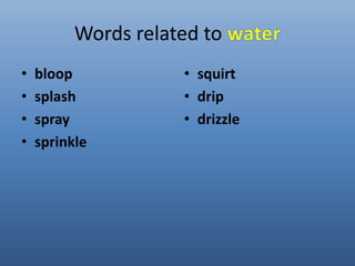 Words related to 
• bloop 
• splash 
• spray 
• sprinkle 
• squirt 
• drip 
• drizzle 
 