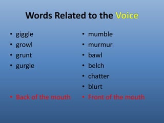 Words Related to the 
• giggle 
• growl 
• grunt 
• gurgle 
• Back of the mouth 
• mumble 
• murmur 
• bawl 
• belch 
• chatter 
• blurt 
• Front of the mouth 
 