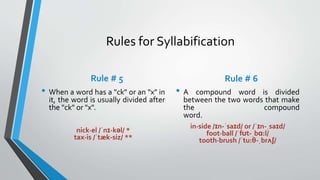 Rules for Syllabification
Rule # 5
• When a word has a "ck" or an "x" in
it, the word is usually divided after
the "ck" or "x".
nick·el /ˈnɪ-kəl/ *
tax·is /ˈtæk-siz/ **
Rule # 6
• A compound word is divided
between the two words that make
the compound
word.
in·side /ɪn-ˈsaɪd/ or /ˈɪn-ˌsaɪd/
foot·ball /ˈfʊt-ˌbɑ:l/
tooth·brush /ˈtu:θ-ˌbrʌʃ/
 