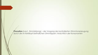 Phonation (Laut-, Simmbildung) – der Vorgang der kontrollierten Stimmtonerzeugung 
durch die im Kehlkopf befindlichen Stimmlippen; hinsichtlich der Konsonanten 
 