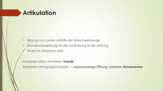 Artikulation 
 Bildung von Lauten mithilfe der Sprechwerkzeuge 
 Grundvoraussetzung für die Lautbildung ist die Atmung 
 Findet im Ansatzohr statt 
Ansatzohr offen: entstehen Vokale 
Ansatzohr verengt/geschlossen → explosionsartige Öffnung: entstehen Konsonanten 
 