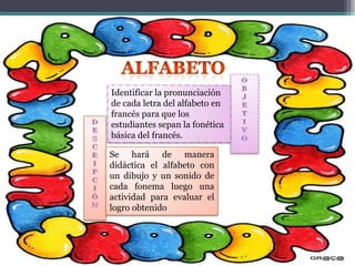 AlfabetoOBJETIVOIdentificar la pronunciación de cada letra del alfabeto en  francés para que los estudiantes sepan la fonética básica del francés.DESCRIPCIÓNSe hará de manera didáctica el alfabeto con un dibujo y un sonido de cada fonema luego una actividad para evaluar el logro obtenido