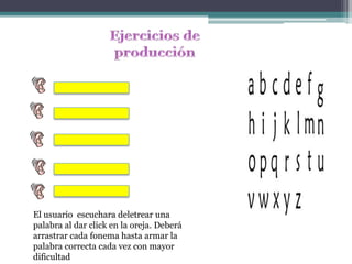 Ejercicios de producciónEl usuario  escuchara deletrear una palabra al dar click en la oreja. Deberá arrastrar cada fonema hasta armar la palabra correcta cada vez con mayor dificultad