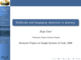 phoneyc with
   libemu

   Z. Chen

phoneyc

WB Malware         .
                                                                                            .
Libemu                  Shellcode and heapspray detection in phoneyc
Tracing JS         .
                   ..                                                                   .




                                                                                            .
Basic Principles

SCDetection
Basic Idea
Details
                                              Zhijie Chen1
Source Files
Implementation
                                     1 Honeynet   Project Chinese Chapter
HS Detection

Current
Results
                          Honeynet Project on Google Summer of Code, 2009




JoYAN                                                          .    .       .   .   .   .
 