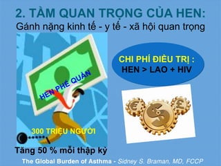 2. TẦM QUAN TRỌNG CỦA HEN:
Gánh nặng kinh tế - y tế - xã hội quan trọng
CHI PHÍ ĐIỀU TRỊ :
HEN > LAO + HIV
300 TRIỆU NGƯỜI
The Global Burden of Asthma - Sidney S. Braman, MD, FCCP
Tăng 50 % mỗi thập kỷ
 
