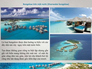 Bungalow trên mặt nước (Overwater bungalow)
Là loại bungalow được đưa hướng ra biển với các
dãy nhà sàn xây ngay trên mặt nước biển.
Tạo được không gian riêng tư biệt lập nhưng gần
gũi với biển mang không khí mát mẻ về mặt thị
giác cũng như xúc giác, tiện lợi cho khách bơi lội
cũng như tận dụng được góc nhìn đẹp của resort.
 