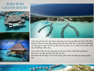 BORA BORA
LAGOON RESORT
Nằm trên một hòn đảo nhỏ thuộc quần đảo Leeward của Pháp trên biển Thái Bình
Dương là Resort mang đậm phong cách kiến trúc nhiệt đới và vật liệu địa phương
với mái lợp lá, dung vật liệu gỗ chủ yếu là gỗ dừa, tre, cọ. Mái lá cao, dốc, nhà
sàn, hệ thống vì kèo, cột,…
Các cư dân ở đây chủ yếu sống nhờ vào du lịch. Ngoài cảnh biển tuyệt đẹp ra,
đảo còn có các đặc sản khác như dừa, hải sản…
Bora Bora rất nổi tiếng với làn nước trong xanh và dải cát trắng mịn màng quanh
đảo.
 