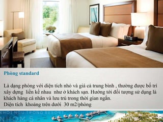Phòng standard
Là dạng phòng với diện tích nhỏ và giá cả trung bình , thường được bố trí
xây dựng liền kề nhau như ở khách sạn. Hướng tới đối tượng sử dụng là
khách hàng cá nhân và lưu trú trong thời gian ngắn.
Diện tích khoảng trên dưới 30 m2/phòng
 