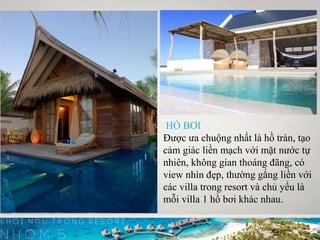HỒ BƠI
Được ưa chuộng nhất là hồ tràn, tạo
cảm giác liền mạch với mặt nước tự
nhiên, không gian thoáng đãng, có
view nhìn đẹp, thường gắng liền với
các villa trong resort và chủ yếu là
mỗi villa 1 hồ bơi khác nhau.
Trong một vài trường hợp, các
overwater bungalow cũng có thể có
các hồ bơi cá nhân dùng để thư giãn.
 