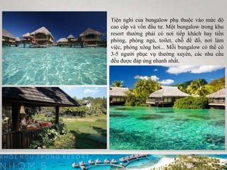 Tiện nghi của bungalow phụ thuộc vào mức độ
cao cấp và vốn đầu tư. Một bungalow trong khu
resort thường phải có nơi tiếp khách hay tiền
phòng, phòng ngủ, toilet, chỗ để đồ, nơi làm
việc, phòng xông hơi... Mỗi bungalow có thể có
3-5 người phục vụ thường xuyên, các nhu cầu
đều được đáp ứng nhanh nhất.
 