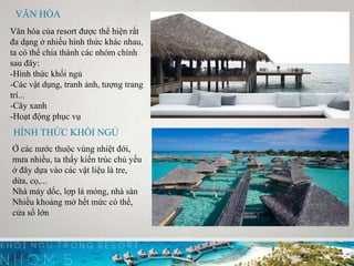 VĂN HÓA
Văn hóa của resort được thể hiện rất
đa dạng ở nhiều hình thức khác nhau,
ta có thể chia thành các nhóm chính
sau đây:
-Hình thức khối ngủ
-Các vật dụng, tranh ảnh, tượng trang
trí...
-Cây xanh
-Hoạt động phục vụ
HÌNH THỨC KHỐI NGỦ
Ở các nước thuộc vùng nhiệt đới,
mưa nhiều, ta thấy kiến trúc chủ yếu
ở đây dựa vào các vật liệu là tre,
dừa, cọ,...
Nhà máy dốc, lợp lá mỏng, nhà sàn
Nhiều khoảng mở hết mức có thể,
cửa sổ lớn
 