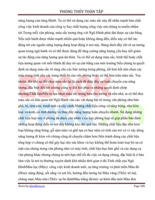 PHONG THỦY TOÀN TẬP

năng lượng của từng Hành. Ta có thể sử dụng các màu sắc này để nhấn mạnh bản chất
công việc kinh doanh của công ty hay chất lượng công việc mà chúng ta muốn nhắm
tới.Trong mỗi văn phòng, màu sắc tương ứng với Ngũ Hành phải đạt được sự cân bằng.
Nếu một hành được nhấn mạnh nhiều quá hoặc không dùng đến, điều này có thể tác
động tới các nguồn năng lượng đang hoạt động ở nơi này. Bảng dưới đây chỉ rõ sự tương
quan trong ngũ hành và có thể được dùng để tăng cường năng lượng yếu hay tiết giảm
sự tác động của năng lượng quá dư thừa. Ta có thể sử dụng màu sắc, hình thể hoặc chất
liệu tương quan với mỗi Hành để duy trì sự cân bằng của môi trường.Nếu chúng ta quyết
định sử dụng màu sắc rõ ràng cho các bức tường trong phòng, tốt hơn hết nên chọn các
màu trung tính cho các trang thiết bị của văn phòng hoặc có thể hòa trộn màu sắc. Tuy
nhiên, đôi khi sự đối chọi màu sắc lại là cách để thúc đẩy sự luân chuyển của năng
lượng, đặc biệt đối với những công ty đòi hỏi phải ra những quyết định chớp
nhoáng.Chất liệuNếu ta lựa chọn màu sắc trung hòa cho tường và nền nhà, ta có thể đưa
màu sắc có liên quan tới Ngũ Hành vào các vật dụng bài trí trong văn phòng như bàn
ghế, tủ, rèm cửa, tranh ảnh và cây cảnh.Những chất liệu cứng và sáng bóng, như kim
loại và kính, có tính dương và thúc đẩy năng lượng luân chuyển nhanh. Sử dụng những
chất liệu loại này ở phòng ăn dành cho nhân viên hay phòng họp sẽ góp phần bảo đảm
những hoạt động diễn ra nơi đây không kéo dài quá lâu. Những chất liệu đặc như kim
loại không sáng bóng, gỗ sậm màu và ghế tựa có bọc nệm có tính cản trở và vì vậy dòng
năng lượng đi kèm với chúng cũng di chuyển chậm hơn.Nên tránh dùng các chất liệu
tổng hợp vì chúng có thể gây hại cho sức khỏe và tuy không thể hoàn toàn loại bỏ sự có
mặt của chúng trong văn phòng như vỏ máy tính, chất liệu bọc bàn ghế và các dụng cụ
văn phòng khác nhưng chúng ta nên hạn chế tối đa việc sử dụng chúng, đặc biệt là ở bàn
làm việc là nơi ta thường xuyên dành khá nhiều thời gian ở đó.Tính chất của Ngũ
HànhMàu lục (Mộc): công việc kinh doanh mới, sự tăng trưởng và phát triển.Màu đỏ
(Hỏa): năng động, sốt sắng và xởi lởi, hướng đến tương lai.Màu vàng (Thổ): trí tuệ,
chừng mực.Màu nâu (Thổ): sự ổn địnhMàu trắng (Kim): sự khởi đầu mới.Màu đen
Share by ebookfree.vn                                                             Page 188
 