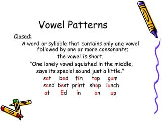 Vowel Patterns Closed: A word or syllable that contains only  one  vowel followed by one or more consonants;  the vowel is short. “ One lonely vowel squished in the middle,    says its special sound just a little.” s a t b e d f i n t o p g u m   s a nd  b e st pr i nt  sh o p  l u nch a t  E d  i n   o n   u p 