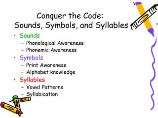 Conquer the Code:
Sounds, Symbols, and Syllables
• Sounds
  – Phonological Awareness
  – Phonemic Awareness
• Symbols
  – Print Awareness
  – Alphabet knowledge
• Syllables
  – Vowel Patterns
  – Syllabication
 