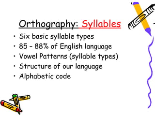 Orthography: Syllables
•   Six basic syllable types
•   85 – 88% of English language
•   Vowel Patterns (syllable types)
•   Structure of our language
•   Alphabetic code
 