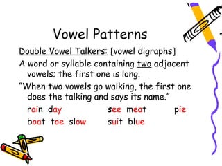 Vowel Patterns
Double Vowel Talkers: [vowel digraphs]
A word or syllable containing two adjacent
  vowels; the first one is long.
“When two vowels go walking, the first one
  does the talking and says its name.”
  rain day            see meat         pie
  boat toe slow       suit blue
 