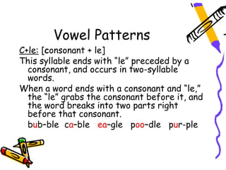 Vowel Patterns
C+le: [consonant + le]
This syllable ends with “le” preceded by a
  consonant, and occurs in two-syllable
  words.
When a word ends with a consonant and “le,”
  the “le” grabs the consonant before it, and
  the word breaks into two parts right
  before that consonant.
  bub–ble ca–ble ea–gle poo–dle pur-ple
 