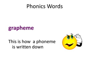 Phonics Words
grapheme
This is how a phoneme
is written down
 