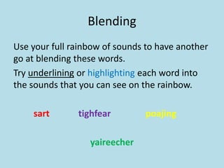 Blending
Use your full rainbow of sounds to have another
go at blending these words.
Try underlining or highlighting each word into
the sounds that you can see on the rainbow.
sart tighfear poajing
yaireecher
 