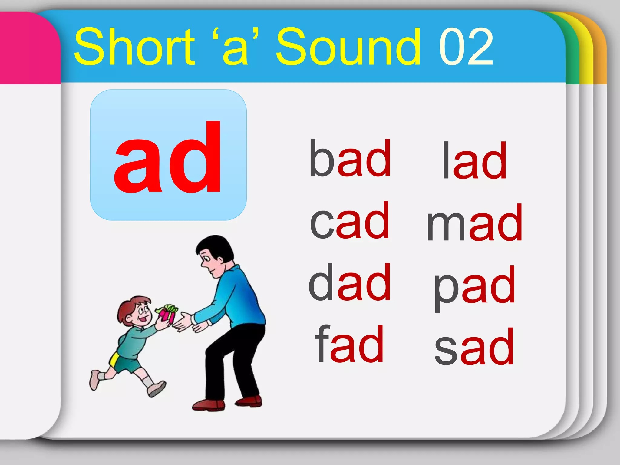 Short ‘a’ Sound 02
bad
cad
dad
fad
lad
mad
pad
sad
ad