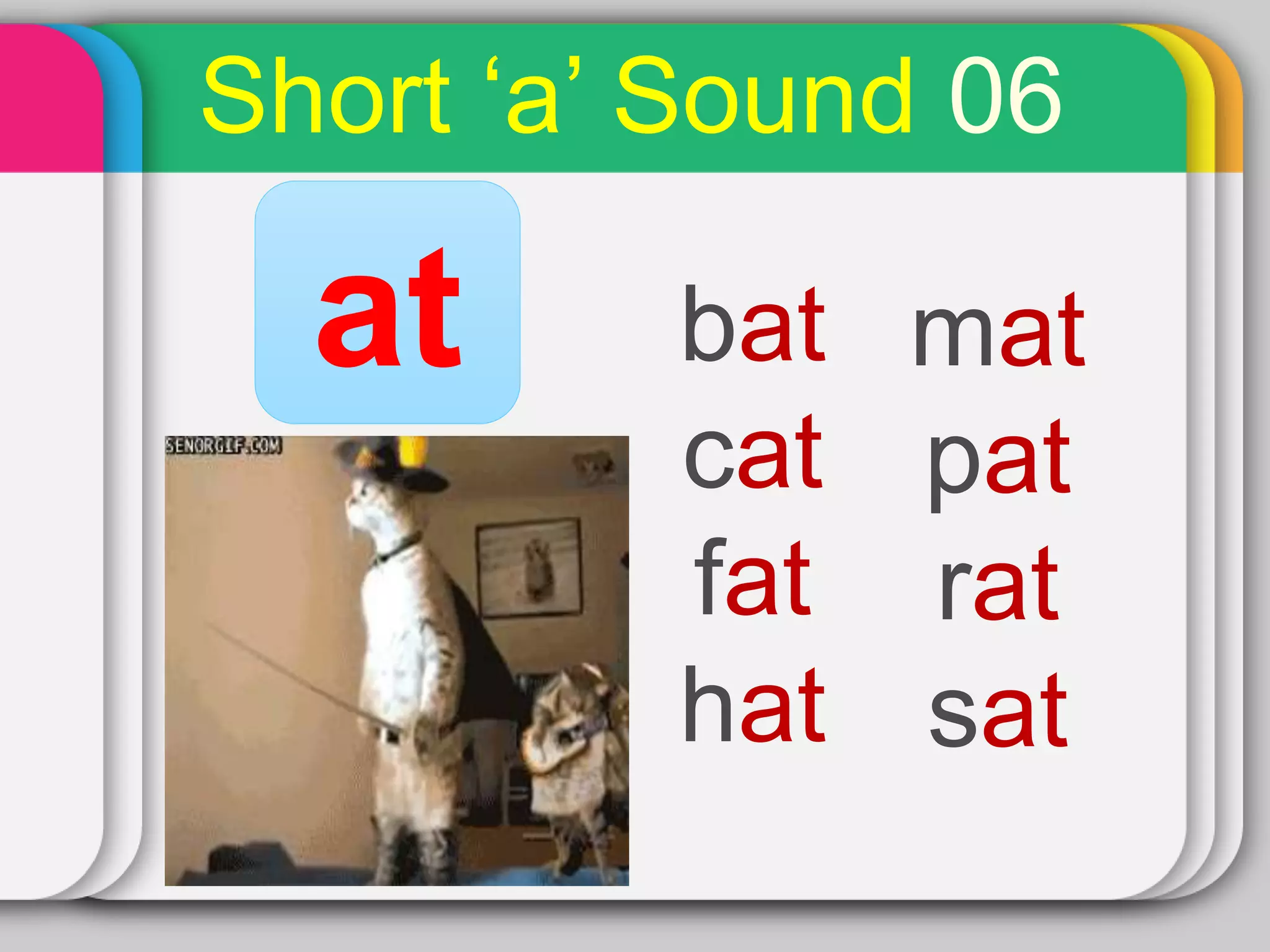 Short ‘a’ Sound 06
at bat
cat
fat
hat
mat
pat
rat
sat