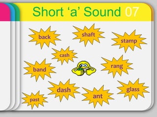 Short ‘a’ Sound 07
band
stamp
shaftback
dash
rang
ant
glass
past
cash
 