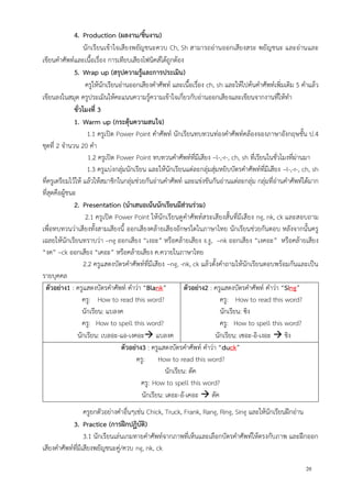 20
4. Production (ผลงาน/ชิ้นงาน)
นักเรียนเข้าใจเสียงพยัญชนะควบ Ch, Sh สามารถอ่านออกเสียงสระ พยัญชนะ และอ่านและ
เขียนคาศัพท์และเนื้อเรื่อง การเทียบเสียงโฟนิคส์ได้ถูกต้อง
5. Wrap up (สรุปความรู้และการประเมิน)
ครูให้นักเรียนอ่านออกเสียงคาศัพท์ และเนื้อเรื่อง ch, sh และให้ไปค้นคาศัพท์เพิ่มเติม 5 คาแล้ว
เขียนลงในสมุด ครูประเมินให้คะแนนความรู้ความเข้าใจเกี่ยวกับอ่านออกเสียงและเขียนจากงานที่ให้ทา
ชั่วโมงที่ 3
1. Warm up (กระตุ้นความสนใจ)
1.1 ครูเปิด Power Point คาศัพท์ นักเรียนทบทวนท่องคาศัพท์คล้องจองภาษาอังกฤษชั้น ป.4
ชุดที่ 2 จานวน 20 คา
1.2 ครูเปิด Power Point ทบทวนคาศัพท์ที่มีเสียง –l-,-r-, ch, sh ที่เรียนในชั่วโมงที่ผ่านมา
1.3 ครูแบ่งกลุ่มนักเรียน และให้นักเรียนแต่ละกลุ่มสุ่มหยิบบัตรคาศัพท์ที่มีเสียง –l-,-r-, ch, sh
ที่ครูเตรียมไว้ให้ แล้วให้สมาชิกในกลุ่มช่วยกันอ่านคาศัพท์ และแข่งขันกันอ่านแต่ละกลุ่ม กลุ่มที่อ่านคาศัพท์ได้มาก
ที่สุดคือผู้ชนะ
2. Presentation (นาเสนอเน้นนักเรียนมีส่วนร่วม)
2.1 ครูเปิด Power Point ให้นักเรียนดูคาศัพท์สระเสียงสั้นที่มีเสียง ng, nk, ck และสอบถาม
เพื่อทบทวนว่าเสียงทั้งสามเสียงนี้ ออกเสียงคล้ายเสียงอักษรใดในภาษาไทย นักเรียนช่วยกันตอบ หลังจากนั้นครู
เฉลยให้นักเรียนทราบว่า –ng ออกเสียง “เงอะ” หรือคล้ายเสียง ง.งู, –nk ออกเสียง “เงคอะ” หรือคล้ายเสียง
“งค” –ck ออกเสียง “เคอะ” หรือคล้ายเสียง ค.ควายในภาษาไทย
2.2 ครูแสดงบัตรคาศัพท์ที่มีเสียง –ng, -nk, ck แล้วตั้งคาถามให้นักเรียนตอบพร้อมกันและเป็น
รายบุคคล
ตัวอย่าง1 : ครูแสดงบัตรคาศัพท์ คาว่า “Blank”
ครู: How to read this word?
นักเรียน: แบลงค
ครู: How to spell this word?
นักเรียน: เบลอะ-แอ-เงคอะ แบลงค
ตัวอย่าง2 : ครูแสดงบัตรคาศัพท์ คาว่า “Sing”
ครู: How to read this word?
นักเรียน: ซิง
ครู: How to spell this word?
นักเรียน: เซอะ-อิ-เงอะ  ชิง
ตัวอย่าง3 : ครูแสดงบัตรคาศัพท์ คาว่า “duck”
ครู: How to read this word?
นักเรียน: ดัค
ครู: How to spell this word?
นักเรียน: เดอะ-อั-เคอะ  ดัค
ครูยกตัวอย่างคาอื่นๆเช่น Chick, Truck, Frank, Rang, Ring, Sing และให้นักเรียนฝึกอ่าน
3. Practice (การฝึกปฏิบัติ)
3.1 นักเรียนเล่นเกมทายคาศัพท์จากภาพที่เห็นและเลือกบัตรคาศัพท์ให้ตรงกับภาพ และฝึกออก
เสียงคาศัพท์ที่มีเสียงพยัญชนะคู่/ควบ ng, nk, ck
 