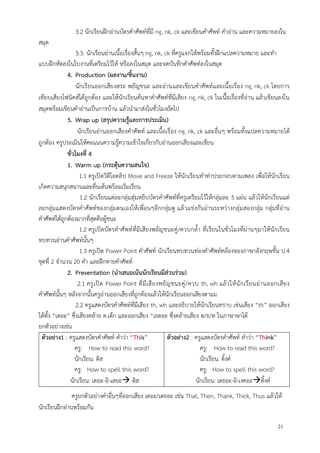 21
3.2 นักเรียนฝึกอ่านบัตรคาศัพท์ที่มี ng, nk, ck และเขียนคาศัพท์ คาอ่าน และความหมายลงใน
สมุด
3.3. นักเรียนอ่านเนื้อเรื่องสั้นๆ ng, nk, ck ที่ครูแจกให้พร้อมทั้งฝึกแปลความหมาย และทา
แบบฝึกหัดลงในใบงานที่เตรียมไว้ให้ หรือลงในสมุด และจดบันทึกคาศัพท์ลงในสมุด
4. Production (ผลงาน/ชิ้นงาน)
นักเรียนออกเสียงสระ พยัญชนะ และอ่านและเขียนคาศัพท์และเนื้อเรื่อง ng, nk, ck โดยการ
เทียบเสียงโฟนิคส์ได้ถูกต้อง และให้นักเรียนค้นหาคาศัพท์ที่มีเสียง ng, nk, ck ในเนื้อเรื่องที่อ่าน แล้วเขียนลงใน
สมุดพร้อมเขียนคาอ่านเป็นการบ้าน แล้วนามาส่งในชั่วโมงถัดไป
5. Wrap up (สรุปความรู้และการประเมิน)
นักเรียนอ่านออกเสียงคาศัพท์ และเนื้อเรื่อง ng, nk, ck และอื่นๆ พร้อมทั้งแปลความหมายได้
ถูกต้อง ครูประเมินให้คะแนนความรู้ความเข้าใจเกี่ยวกับอ่านออกเสียงและเขียน
ชั่วโมงที่ 4
1. Warm up (กระตุ้นความสนใจ)
1.1 ครูเปิดวีดีโอคลิป Move and Freeze ให้นักเรียนทาท่าประกอบตามเพลง เพื่อให้นักเรียน
เกิดความสนุกสนานและตื่นเต้นพร้อมเริ่มเรียน
1.2 นักเรียนแต่ละกลุ่มสุ่มหยิบบัตรคาศัพท์ที่ครูเตรียมไว้ให้กลุ่มละ 5 แผ่น แล้วให้นักเรียนแต่
ละกลุ่มแสดงบัตรคาศัพท์ของกลุ่มตนเองให้เพื่อนๆอีกกลุ่มดู แล้วแข่งกันอ่านระหว่างกลุ่มสองกลุ่ม กลุ่มที่อ่าน
คาศัพท์ได้ถูกต้องมากที่สุดคือผู้ชนะ
1.2 ครูเปิดบัตรคาศัพท์ที่มีเสียงพยัญชนะคู่/ควบกล้า ที่เรียนในชั่วโมงที่ผ่านๆมาให้นักเรียน
ทบทวนอ่านคาศัพท์นั้นๆ
1.3 ครูเปิด Power Point คาศัพท์ นักเรียนทบทวนท่องคาศัพท์คล้องจองภาษาอังกฤษชั้น ป.4
ชุดที่ 2 จานวน 20 คา และฝึกทายคาศัพท์
2. Presentation (นาเสนอเน้นนักเรียนมีส่วนร่วม)
2.1 ครูเปิด Power Point ที่มีเสียงพยัญชนะคู่/ควบ th, wh แล้วให้นักเรียนอ่านออกเสียง
คาศัพท์นั้นๆ หลังจากนั้นครูอ่านออกเสียงที่ถูกต้องแล้วให้นักเรียนออกเสียงตามม
2.2 ครูแสดงบัตรคาศัพท์ที่มีเสียง th, wh และอธิบายให้นักเรียนทราบ เช่นเสียง “th” ออกเสียง
ได้ทั้ง “เดอะ” ซึ่งเสียงคล้าย ด.เด็ก และออกเสียง “เธตอะ ซึ่งคล้ายเสียง ต/ธ/ท ในภาษาษาได้
ยกตัวอย่างเช่น
ตัวอย่าง1 : ครูแสดงบัตรคาศัพท์ คาว่า “This”
ครู: How to read this word?
นักเรียน: ดิส
ครู: How to spell this word?
นักเรียน: เดอะ-อิ-เสอะ ดิส
ตัวอย่าง2 : ครูแสดงบัตรคาศัพท์ คาว่า “Think”
ครู: How to read this word?
นักเรียน: ติ้งค์
ครู: How to spell this word?
นักเรียน: เตธอะ-อิ-เงคอะติ้งค์
ครูยกตัวอย่างคาอื่นๆที่ออกเสียง เดอะ/เตธอะ เช่น That, Then, Thank, Thick, Thus แล้วให้
นักเรียนฝึกอ่านพร้อมกัน
 