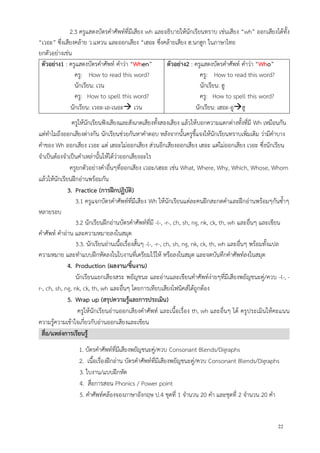 22
2.3 ครูแสดงบัตรคาศัพท์ที่มีเสียง wh และอธิบายให้นักเรียนทราบ เช่นเสียง “wh” ออกเสียงได้ทั้ง
“เวอะ” ซึ่งเสียงคล้าย ว.แหวน และออกเสียง “เฮอะ ซึ่งคล้ายเสียง ฮ.นกฮูก ในภาษาไทย
ยกตัวอย่างเช่น
ตัวอย่าง1 : ครูแสดงบัตรคาศัพท์ คาว่า “When”
ครู: How to read this word?
นักเรียน: เวน
ครู: How to spell this word?
นักเรียน: เวอะ-เอ-เนอะ เวน
ตัวอย่าง2 : ครูแสดงบัตรคาศัพท์ คาว่า “Who”
ครู: How to read this word?
นักเรียน: ฮู
ครู: How to spell this word?
นักเรียน: เฮอะ-อูฮู
ครูให้นักเรียนฟังเสียงและสังเกตเสียงทั้งสองเสียง แล้วให้บอกความแตกต่างทั้งที่มี Wh เหมือนกัน
แต่ทาไมถึงออกเสียงต่างกัน นักเรียนช่วยกันหาคาตอบ หลังจากนั้นครูชี้แจงให้นักเรียนทราบเพิ่มเติม ว่ามีคาบาง
คาของ Wh ออกเสียง เวอะ แต่ เฮอะไม่ออกเสียง ส่วนอีกเสียงออกเสียง เฮอะ แต่ไม่ออกเสียง เวอะ ซึ่งนักเรียน
จาเป็นต้องจาเป็นคาเหล่านั้นให้ได้ว่าออกเสียงอะไร
ครูยกตัวอย่างคาอื่นๆที่ออกเสียง เวอะ/เฮอะ เช่น What, Where, Why, Which, Whose, Whom
แล้วให้นักเรียนฝึกอ่านพร้อมกัน
3. Practice (การฝึกปฏิบัติ)
3.1 ครูแจกบัตรคาศัพท์ที่มีเสียง Wh ให้นักเรียนแต่ละคนฝึกสะกดคาและฝึกอ่านพร้อมๆกันซ้าๆ
หลายรอบ
3.2 นักเรียนฝึกอ่านบัตรคาศัพท์ที่มี -l-, -r-, ch, sh, ng, nk, ck, th, wh และอื่นๆ และเขียน
คาศัพท์ คาอ่าน และความหมายลงในสมุด
3.3. นักเรียนอ่านเนื้อเรื่องสั้นๆ -l-, -r-, ch, sh, ng, nk, ck, th, wh และอื่นๆ พร้อมทั้งแปล
ความหมาย และทาแบบฝึกหัดลงในใบงานที่เตรียมไว้ให้ หรือลงในสมุด และจดบันทึกคาศัพท์ลงในสมุด
4. Production (ผลงาน/ชิ้นงาน)
นักเรียนแยกเสียงสระ พยัญชนะ และอ่านและเขียนคาศัพท์ง่ายๆที่มีเสียงพยัญชนะคู่/ควบ -l-, -
r-, ch, sh, ng, nk, ck, th, wh และอื่นๆ โดยการเทียบเสียงโฟนิคส์ได้ถูกต้อง
5. Wrap up (สรุปความรู้และการประเมิน)
ครูให้นักเรียนอ่านออกเสียงคาศัพท์ และเนื้อเรื่อง th, wh และอื่นๆ ได้ ครูประเมินให้คะแนน
ความรู้ความเข้าใจเกี่ยวกับอ่านออกเสียงและเขียน
สื่อ/แหล่งการเรียนรู้
1. บัตรคาศัพท์ที่มีเสียงพยัญชนะคู่/ควบ Consonant Blends/Digraphs
2. เนื้อเรื่องฝึกอ่าน บัตรคาศัพท์ที่มีเสียงพยัญชนะคู่/ควบ Consonant Blends/Digraphs
3. ใบงาน/แบบฝึกหัด
4. สื่อการสอน Phonics / Power point
5. คาศัพท์คล้องจองภาษาอังกฤษ ป.4 ชุดที่ 1 จานวน 20 คา และชุดที่ 2 จานวน 20 คา
 