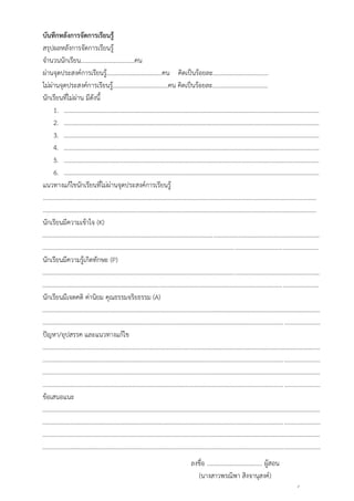 24
บันทึกหลังการจัดการเรียนรู้
สรุปผลหลังการจัดการเรียนรู้
จานวนนักเรียน...................................คน
ผ่านจุดประสงค์การเรียนรู้....................................คน คิดเป็นร้อยละ....................................
ไม่ผ่านจุดประสงค์การเรียนรู้....................................คน คิดเป็นร้อยละ....................................
นักเรียนที่ไม่ผ่าน มีดังนี้
1. ……………………………………………………………………………………………………………………………………………………
2. ……………………………………………………………………………………………………………………………………………………
3. ……………………………………………………………………………………………………………………………………………………
4. ……………………………………………………………………………………………………………………………………………………
5. ……………………………………………………………………………………………………………………………………………………
6. ……………………………………………………………………………………………………………………………………………………
แนวทางแก้ไขนักเรียนที่ไม่ผ่านจุดประสงค์การเรียนรู้
………………………………………………………………………………………………………………………………………………………………
………………………………………………………………………………………………………………………………………………………………
นักเรียนมีความเข้าใจ (K)
....................................................................................................................................................................................
...................................................................................................................................................................................
นักเรียนมีความรู้เกิดทักษะ (P)
....................................................................................................................................................................................
...................................................................................................................................................................................
นักเรียนมีเจตคติ ค่านิยม คุณธรรมจริยธรรม (A)
....................................................................................................................................................................................
...................................................................................................................................................................................
ปัญหา/อุปสรรค และแนวทางแก้ไข
....................................................................................................................................................................................
...................................................................................................................................................................................
....................................................................................................................................................................................
...................................................................................................................................................................................
ข้อเสนอแนะ
....................................................................................................................................................................................
...................................................................................................................................................................................
....................................................................................................................................................................................
...................................................................................................................................................................................
ลงชื่อ .................................... ผู้สอน
(นางสาวพรณิพา สิงจานุสงค์)
(
 