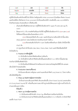 29
Led เลด Lead ลีด
Apple แอปเพิล Able เอเบิล
Egg เอก Even อีเฟน
ครูให้นักเรียนสังเกตตัวอักษรสีน้าเงิน ซึ่งเรียกว่าพยัญชนะต้น (initial consonant) อักษรสีแดง คือสระ (Vowel)
และอักษรสีเขียว คือตัวสะกด (Final consonant) นักเรียนจะสังเกตได้ว่า สระเสียงสั้น a-แอ, e-เอ จะปิดท้าย
ด้วยตัวสะกดเสมอ ส่วนสระเสียงยาว มีข้อสังเกตคือ
- เป็นสระเดี่ยวที่ไม่มีตัวสะกดตามมา (ครูชี้ให้นักเรียนสังเกตคาว่า apple กับ able และ egg กับ
even)
- มีสระมากกว่า 1 ตัว อาจจะติดกันหรือแยกกันก็ได้ (ครูชี้ให้นักเรียนสังเกต คาว่า claim และ Lead)
ซึ่งทั้งสองคานี้จะออกเสียงเป็นสระเสียงยาว คาว่า
claim มีสระสองตัวติดกัน คือ a และ i และนักเรียนสามารถสังเกตได้ว่าคานี้ออกเสียง
สระเอ และอ่านว่า เคลม โดยสังเกตจากสระตัวแรกของคา นั่นคือ a
Lead สังเกตเช่นเดียวกันกับคาว่า claim โดยสังเกตที่สระตัวแรก นั่นคือ อี ดังนั้นคานี่จึง
อ่านว่า ลีด
2.5 ครูยกตัวอย่างคาอื่นๆเช่น Cake, Been, Flame, Beat, Teeth และคาศัพท์เพิ่มเติมอื่นให้
นักเรียนฝึกอ่าน
3. Practice (การฝึกปฏิบัติ)
3.1 นักเรียนฝึกอ่านบัตรคาศัพท์สระเสียงยาวพร้อมกัน
3.2. นักเรียนฝึกอ่านเทียบคาศัพท์สระเสียงสั้นและสระเสียงยาว a, e หลังจากนั้นแต่ละกลุ่ม
ช่วยกันอ่านให้เพื่อนฟังสลับกันไป
3.3 นักเรียนเขียนคาศัพท์และคาอ่านพร้อมบอกความหมายลงในสมุดโดยใช้สีน้าเงิน แดงและ
เขียวเป็นตัวกาหนดแต่ละเสียง
4. Production (ผลงาน/ชิ้นงาน)
นักเรียนออกเสียงสระ พยัญชนะ และอ่านและเขียนคาศัพท์ Long Vowel A, E โดยการเทียบ
เสียงโฟนิคส์ได้ถูกต้อง
5. Wrap up (สรุปความรู้และการประเมิน)
นักเรียนอ่านออกเสียงและคาศัพท์ เทียบสระเสียงสั้น (Short Vowel Sounds) และสระเสียง
ยาว (Long Vowel Sounds) ได้ พร้อมทั้งแปลความหมายได้ ครูประเมินให้คะแนนความรู้ความเข้าใจเกี่ยวกับ
อ่านออกเสียงและการเขียน
ชั่วโมงที่ 2
1. Warm up (กระตุ้นความสนใจ)
1.1 นักเรียนเล่นเกมฝึกไหวพริบ Simon Say เพื่อเตรียมความพร้อมก่อนเริ่มเรียน
1.2 นักเรียนทบทวนอ่านคาศัพท์สระเสียงสั้นและสระเสียงยาว A, E พร้อมกัน จากบัตรคาศัพท์
และสื่อ Power Point
 