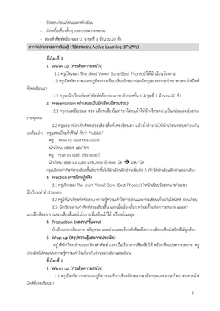 3
- ข้อสอบก่อนเรียนและหลังเรียน
- อ่านเนื้อเรื่องสั้นๆ และแปลความหมาย
- ท่องคาศัพท์คล้องจอง ป. 4 ชุดที่ 1 จานวน 20 คา
การจัดกิจกรรมการเรียนรู้ (วิธีสอนแบบ Active Learning :3Ps2Ws)
ชั่วโมงที่ 1
1. Warm up (กระตุ้นความสนใจ)
1.1 ครูเปิดเพลง The short Vowel Song (Best Phonics) ให้นักเรียนร้องตาม
1.2 ครูเปิดบัตรภาพ/แผนภูมิตารางเทียบเสียงอักษรภาษาอังกฤษและภาษาไทย ทบทวนโฟนิคส์
ที่เคยเรียนมา
1.3 ครูพานักเรียนท่องคาศัพท์คล้องจองภาษาอังกฤษชั้น ป.4 ชุดที่ 1 จานวน 20 คา
2. Presentation (นาเสนอเน้นนักเรียนมีส่วนร่วม)
2.1 ครูถามพยัญชนะ สระ เทียบเสียงในภาษาไทยแล้วให้นักเรียนตอบเป็นกลุ่มและสุ่มถาม
รายบุคคล
2.2 ครูแสดงบัตรคาศัพท์สระเสียงสั้นที่เคยเรียนมา แล้วตั้งคาถามให้นักเรียนตอบพร้อมกัน
ยกตัวอย่าง : ครูแสดงบัตรคาศัพท์ คาว่า “rabbit”
ครู: How to read this word?
นักเรียน: rabbit-แรบ’บิท
ครู: How to spell this word?
นักเรียน: เรอะ-แอ-เบอะ-แรบ,เบอะ-อิ-เทอะ-บิท  แรบ’บิท
ครูเปลี่ยนคาศัพท์สระเสียงสั้นที่ยากขึ้นให้นักเรียนฝึกอ่านเพิ่มอีก 5 คา ให้นักเรียนฝึกอ่านออกเสียง
3. Practice (การฝึกปฏิบัติ)
3.1 ครูเปิดเพลงThe short Vowel Song (Best Phonics) ให้นักเรียนร้องตาม พร้อมพา
นักเรียนทาท่าประกอบ
3.2 ครูให้นักเรียนทาข้อสอบ ความรู้ความเข้าใจการอ่านและการเขียนเกี่ยวกับโฟนิคส์ ก่อนเรียน
3.3. นักเรียนอ่านคาศัพท์สระเสียงสั้น และเนื้อเรื่องสั้นๆ พร้อมทั้งแปลความหมาย และทา
แบบฝึกหัดทบทวนสระเสียงสั้นลงในใบงานที่เตรียมไว้ให้ หรือลงในสมุด
4. Production (ผลงาน/ชิ้นงาน)
นักเรียนออกเสียงสระ พยัญชนะ และอ่านและเขียนคาศัพท์โดยการเทียบเสียงโฟนิคส์ได้ถูกต้อง
5. Wrap up (สรุปความรู้และการประเมิน)
ครูให้นักเรียนอ่านออกเสียงคาศัพท์ และเนื้อเรื่องสระเสียงสั้นได้ พร้อมทั้งแปลความหมาย ครู
ประเมินให้คะแนนความรู้ความเข้าใจเกี่ยวกับอ่านออกเสียงและเขียน
ชั่วโมงที่ 2
1. Warm up (กระตุ้นความสนใจ)
1.1 ครูเปิดบัตรภาพ/แผนภูมิตารางเทียบเสียงอักษรภาษาอังกฤษและภาษาไทย ทบทวนโฟ
นิคส์ที่เคยเรียนมา
 