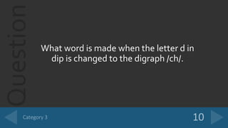 Question
What word is made when the letter d in
dip is changed to the digraph /ch/.
 