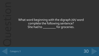 Question
What word beginning with the digraph /sh/ word
complete the following sentence?
She had to ________ for groceries.
 