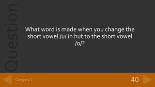 Question
What word is made when you change the
short vowel /u/ in hut to the short vowel
/o/?
 