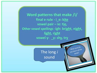 Word patterns that make /i/ 
final e rule - i_e: kite 
vowel pair – ie: tie, 
Other vowel spellings -igh: bright, night, 
light, right 
vowel y- _y: shy, try 
The long i 
sound 
 