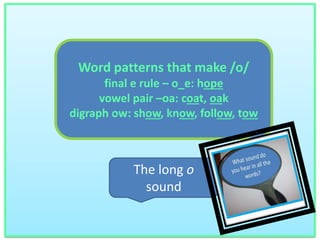 Word patterns that make /o/ 
final e rule – o_e: hope 
vowel pair –oa: coat, oak 
digraph ow: show, know, follow, tow 
The long o 
sound 
 